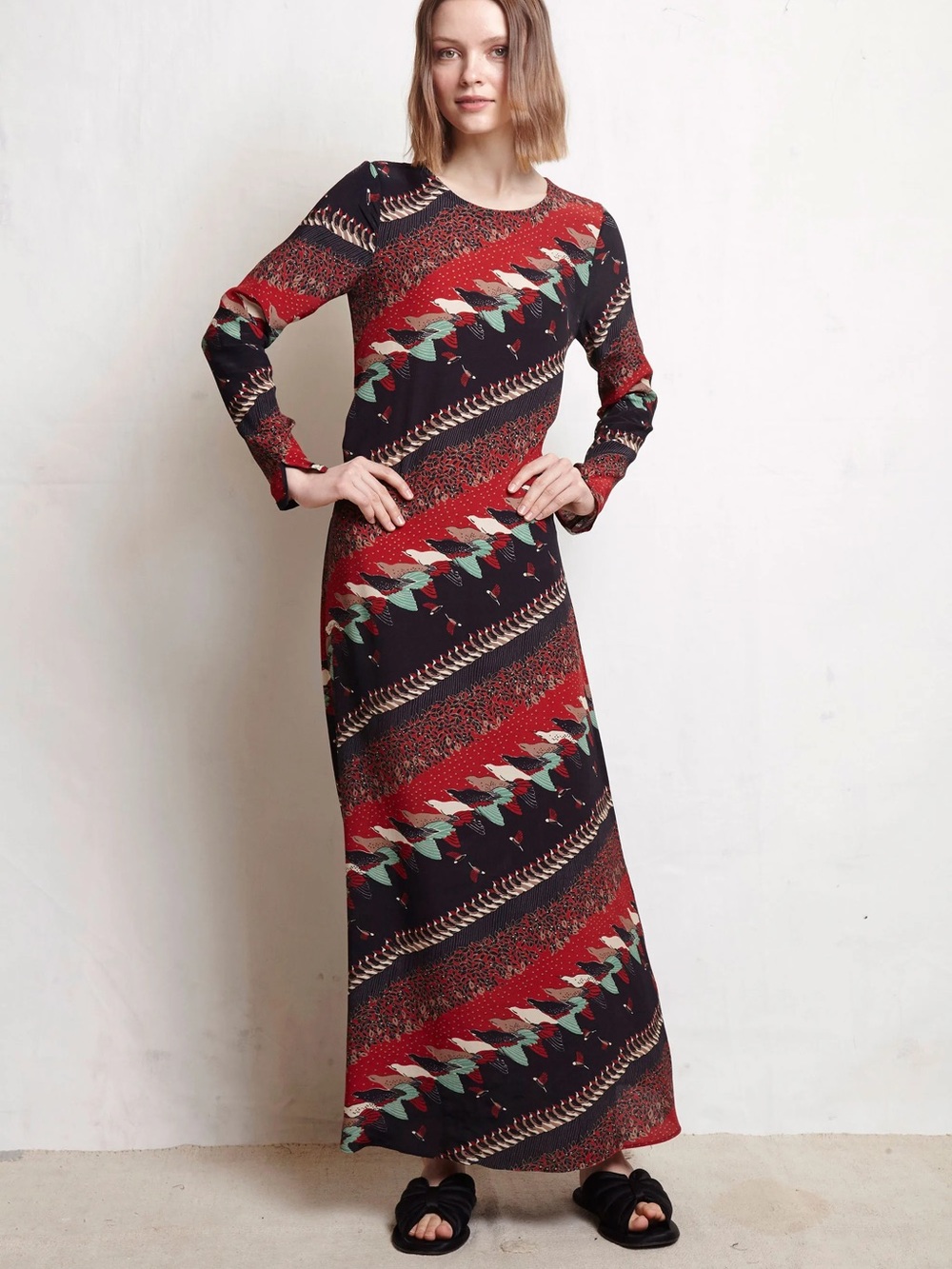 Warm bird print Warm Diagonal-Stripe long sleeve Maxi Dress